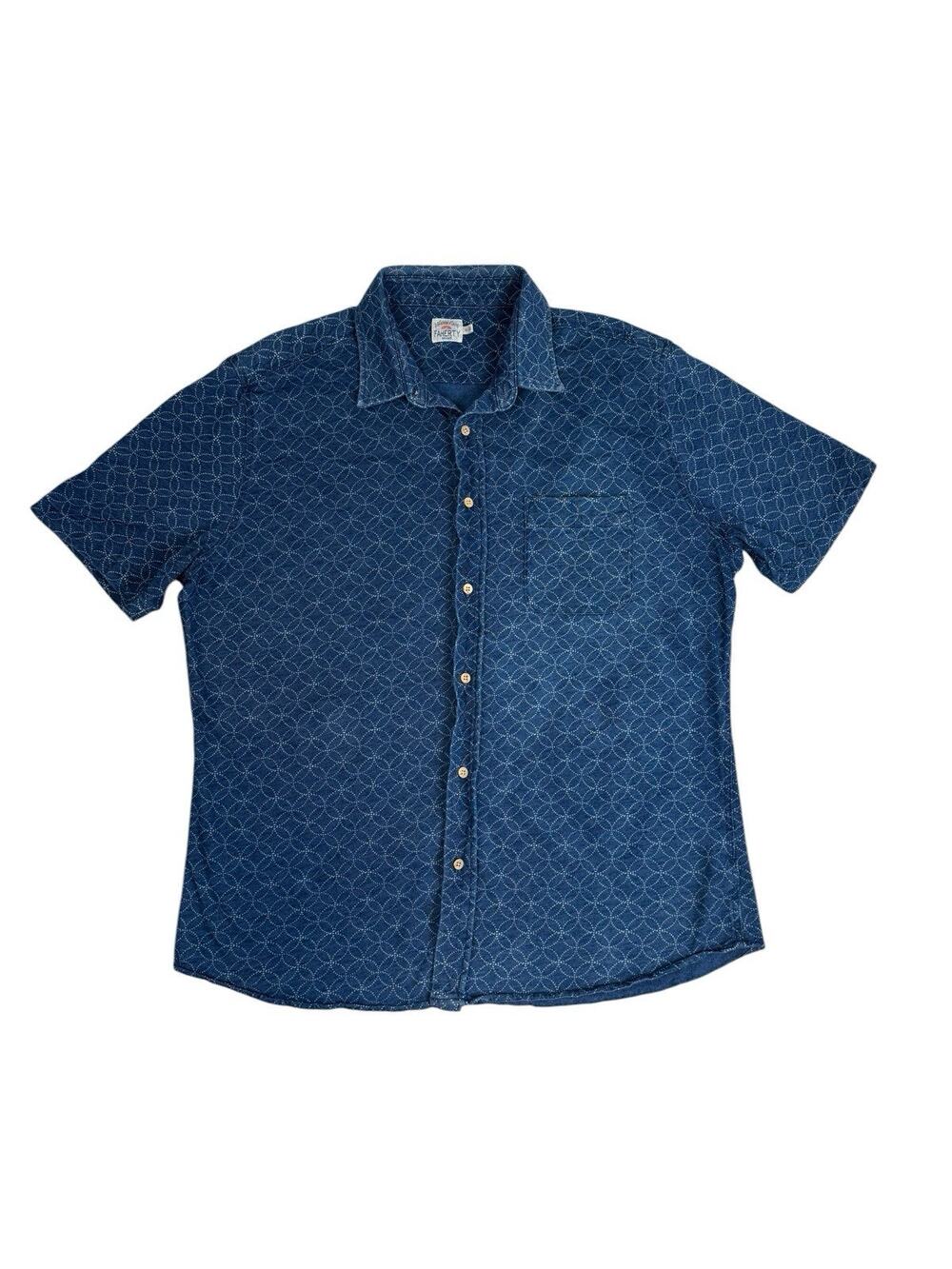 Faherty Top Mens XL Blue Indigo Dyed Short Sleeve Shirt Geometric 100% Cotton